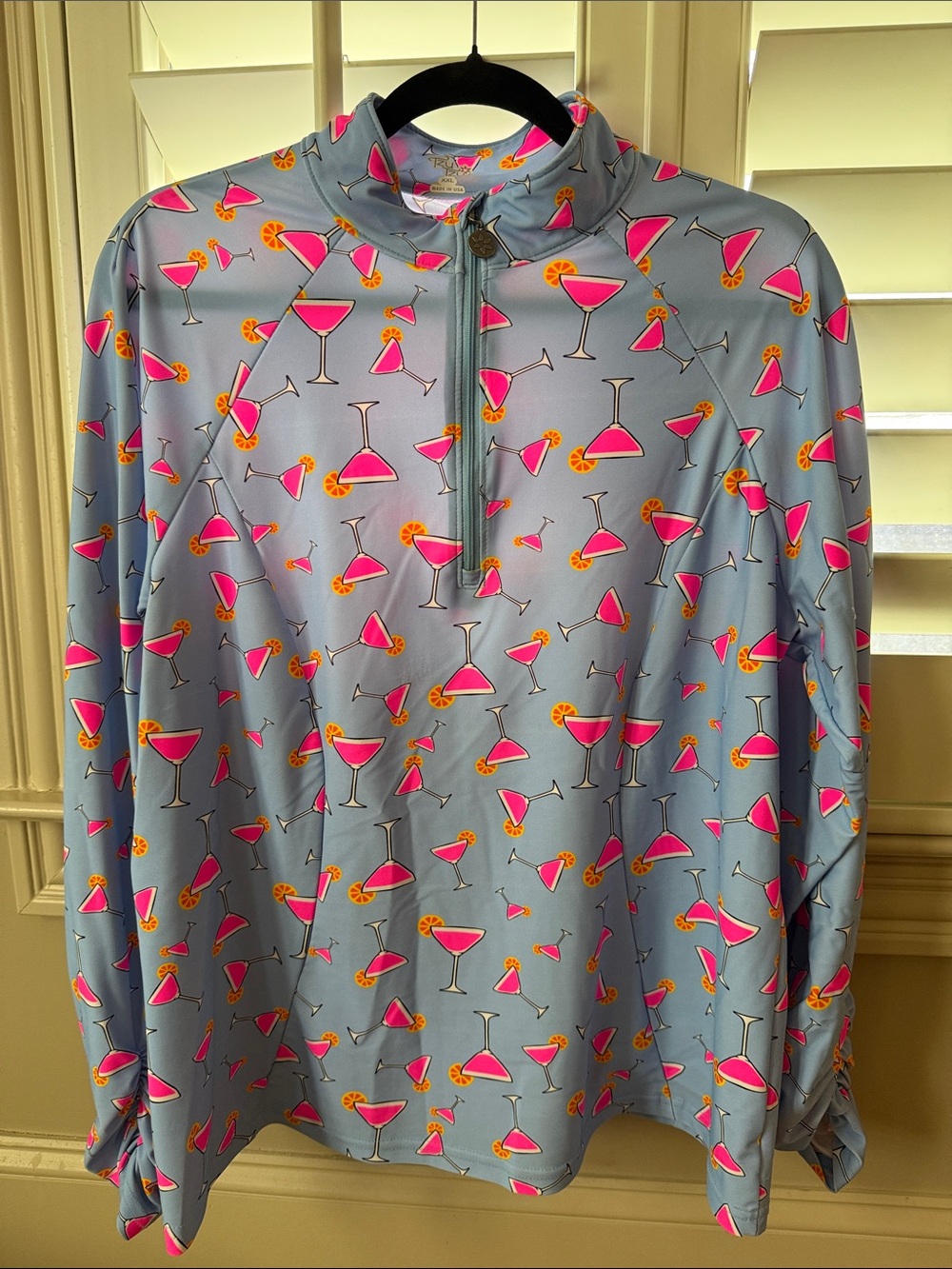 Tzu Tzu Light Blue Long Sleeve Zip Top with Pink Cocktail Print